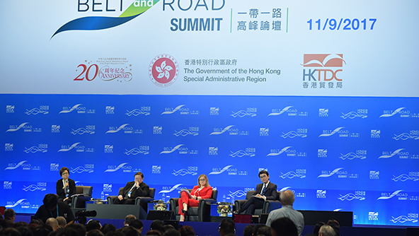 The Secretary for Commerce and Economic Development, Mr Edward Yau (first right); the Deputy Minister of Infrastructure and Construction of Poland, Ms Justyna Skrzydło (second right); the Deputy Minister of Foreign Affairs of Thailand, Mr Virasakdi Futrakul (second left); and the Chairman of the Financial Services Development Council, Mrs Laura M Cha (first left), attend the session entitled Investing in Belt and Road: Dialogue with Policymakers of the Belt and Road Summit on 11 September.