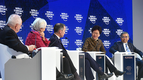 The Chief Executive, Mrs Carrie Lam (second right), speaking during a panel discussion on global economic outlook at the World Economic Forum Annual Meeting in Davos, Switzerland.