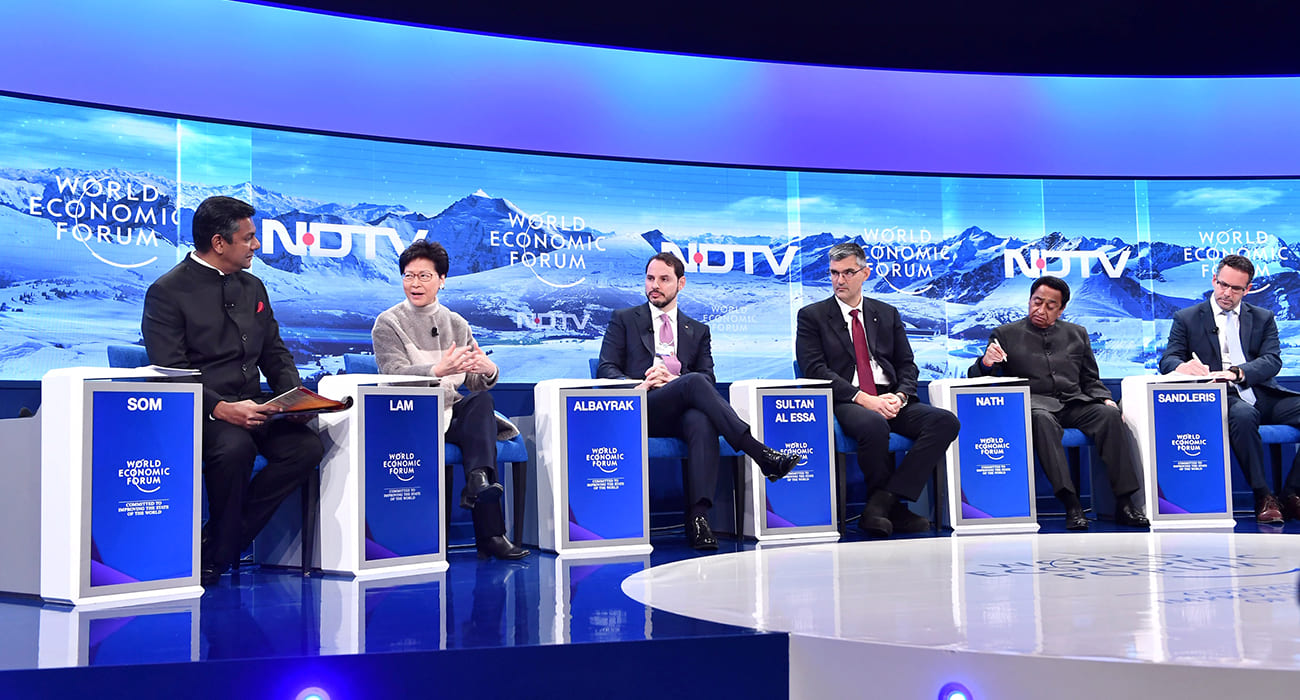 The Chief Executive, Mrs Carrie Lam, attended the World Economic Forum Annual Meeting in Davos, Switzerland. Photo shows Mrs Lam (second left) speaking at a session on the outlook for emerging markets on January 23.