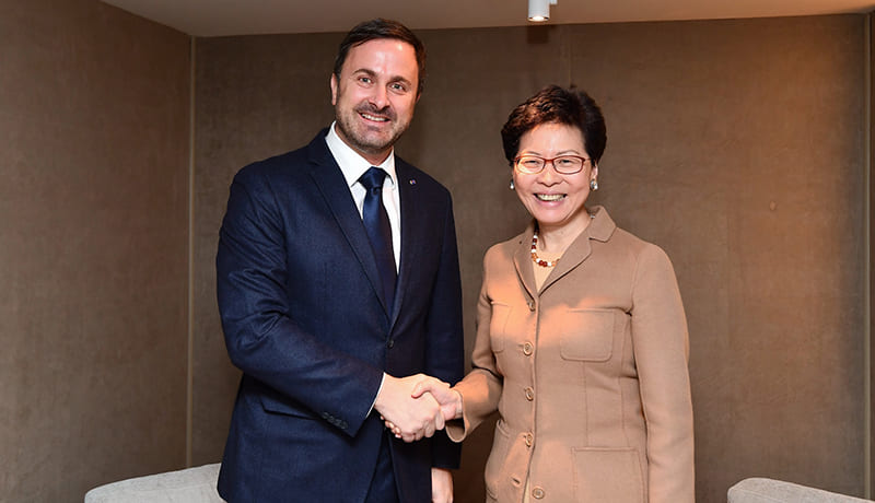 Photo shows Mrs Lam (right) shaking hands with the Prime Minister of Luxembourg, Mr Xavier Bettel on January 22 in Davos, Switzerland.