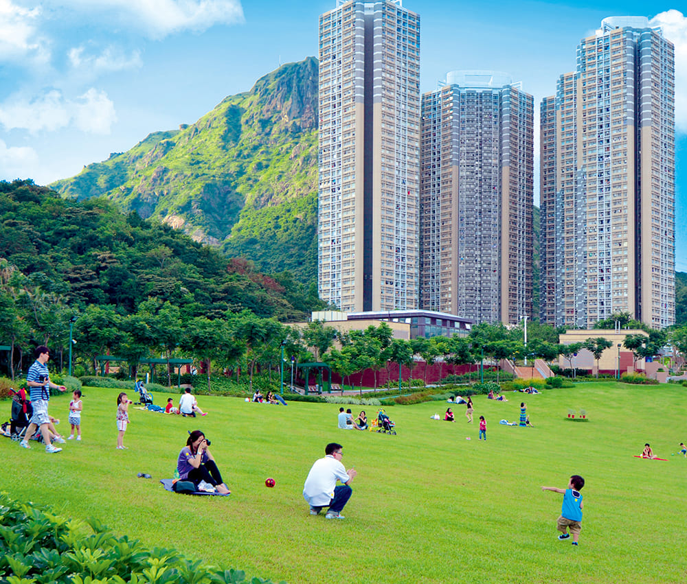 Families enjoy the open spaces in Hong Kong.