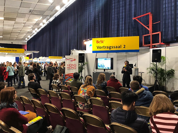 The Director of HKETO Berlin, Mr Bill Li, speaks at the BeSt Education Fair 2019 in Vienna on March 6.