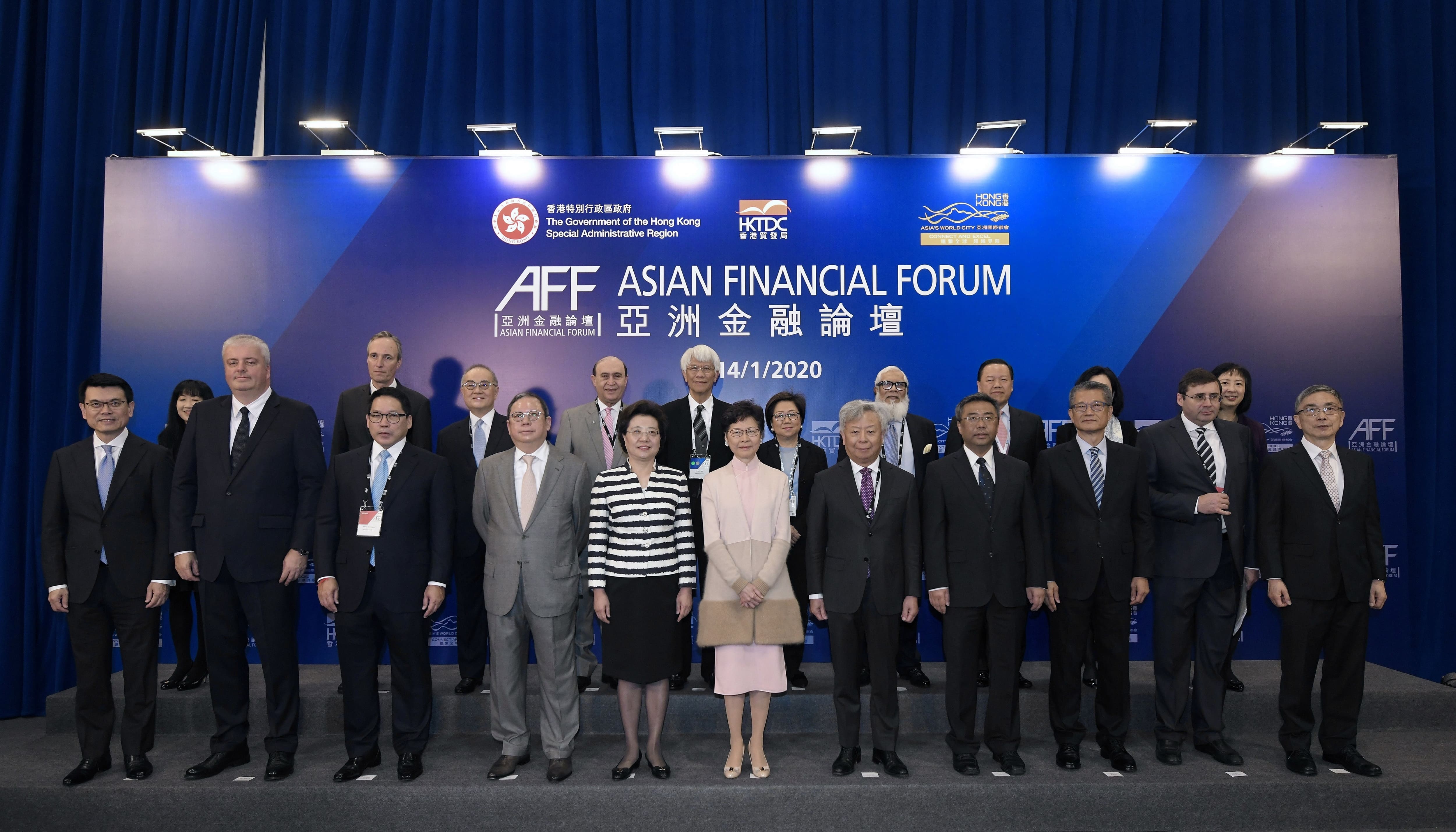 The Chief Executive, Mrs Carrie Lam, attended the 13th Asian Financial Forum in Hong Kong. Photo shows (front row, from left) the Secretary for Commerce and Economic Development, Mr Edward Yau; Member of the Executive Board Deutsche Bundesbank, Mr Burkhard Balz; the Minister of Finance of Thailand, Dr Uttama Savanayana; the Chairman of the Hong Kong Trade Development Council, Dr Peter Lam; Deputy Director of the Liaison Office of the Central People’s Government in the Hong Kong Special Administrative Region (HKSAR) Ms Qiu Hong; Mrs Lam; President and Chairman, Asian Infrastructure Investment Bank, Mr Jin Liqun; Deputy Commissioner of the Ministry of Foreign Affairs of the People's Republic of China in the HKSAR Mr Yang Yirui; the Financial Secretary, Mr Paul Chan; First Deputy Governor of the Bank of Russia, Mr Sergey Shvetsov; the Secretary for Financial Services and the Treasury, Mr James Lau; and other guests at the Forum. 